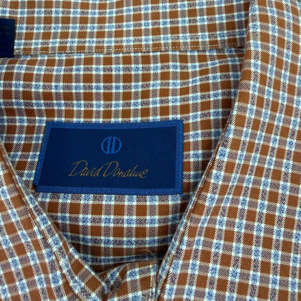 David Donahue Shirt Mens XL Orange Blue Plaid Cotton Long Sleeve Button Up - Picture 2 of 15